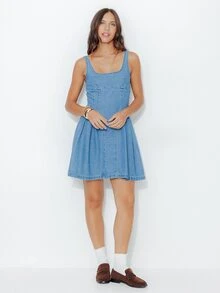 Pimkie Edition Đầm denim nữ xếp ly phong cách thường ngày mùa hè - Màu xanh lam - Xem 1