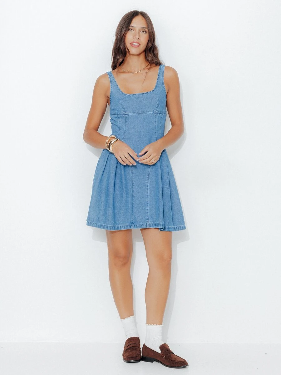 Pimkie Edition Đầm denim nữ xếp ly phong cách thường ngày mùa hè - Màu xanh lam - Xem 1