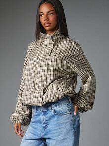 MISSGUIDED Oversized Cropped Checked Harrington Jacket With Stand Collar Balloon Sleeves And Chest Pocket Fall Winter Outerwear - Multicolor - View 4