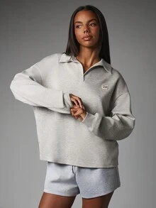 MISSGUIDED Sweatshirt Polo Oversized Sporty dengan Logo Bordir, Lengan Panjang, Atasan Pullover Kasual - Light Grey - View 5