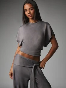MISSGUIDED Boxy Crop T-Shirt And Wide Leg Tie-Waist Palazzo Pants Co-Ord Set Matching Two Pieces Lounge Outfit - Grey - View 2