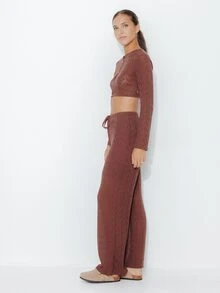 Pimkie Edition Women's Solid Color Long Sleeve Top And Pants Casual Daily Set - Brown - View 3