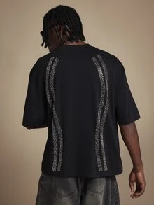 SUMWON Rhinestone Embellished Oversized Crew Neck Short Sleeve T-Shirt With Vertical Crystal Stripe Detail Front And Back - Black - View 2