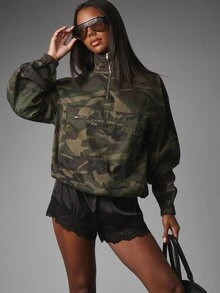 MISSGUIDED Oversized Camouflage Half-Zip Pullover Jacket With Stand Collar Zip Chest Pocket And Elasticated Cuffs Fall Winter Outerwear - Multicolor - View 5