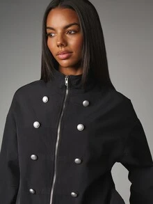 MISSGUIDED Oversized Military Style Zip-Up Jacket With Silver Button Detail Stand Collar And Elasticated Cuffs Fall Winter Outerwear - Black - View 5