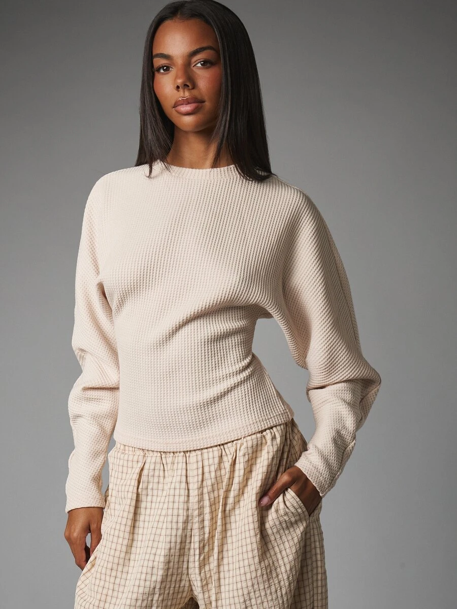 MISSGUIDED ملابس علوية علوية منسوجة بنمط الوافل بأكمام طويلة وياقة دائرية بقصة ضيقة وملمس بارز، كنزة كاجوال أساسية للاستخدام اليومي، قطعة للطبقات في الخريف والشتاء - لون مشمشي - مشاهدة 1