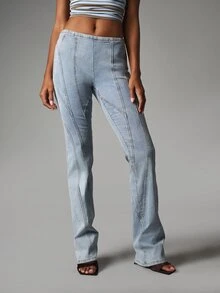 MISSGUIDED Celana Jeans Flare Warna Terang dengan Detail Jahitan Panel, Pinggang Elastis, dan Potongan Kaki Lebar Penuh - Biru - View 1