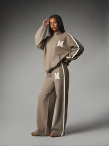 MISSGUIDED Wide Leg Knit Lounge Pants With Contrast Side Stripe And Varsity Logo Detail High Rise Full Length Fall Winter - Grey - View 5
