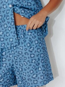 Pimkie Edition Women's Leopard Print Short Sleeve Top And Shorts Casual Daily Loungewear Set - Blue - View 4