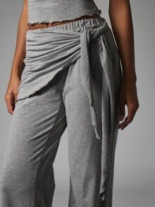 MISSGUIDED Crop Slim Fit Tee And Wide Leg Pants Co-Ord Set With Ruched Skirt Overlay Detail Lettuce Hem Casual Two Pieces Outfit - Grey - View 4