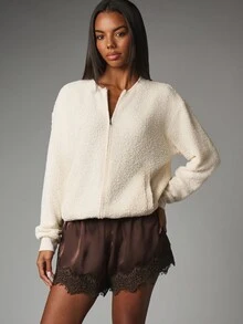 MISSGUIDED Jaket Bomber Boucle dengan Resleting, Manset Bergaris, dan Kerah Berlekuk, Potongan Longgar, Lengan Panjang, Atasan Rajut Nyaman, Pakaian Penting untuk Musim Gugur dan Musim Dingin - Khaki - View 1