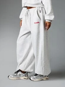 Missguided x Playboy Oversized Bunny Logo Embroidered Wide Leg Sweatpants With Drawstring Waist And Side Pockets Cozy Fleece Jogger Style - Grey - View 1