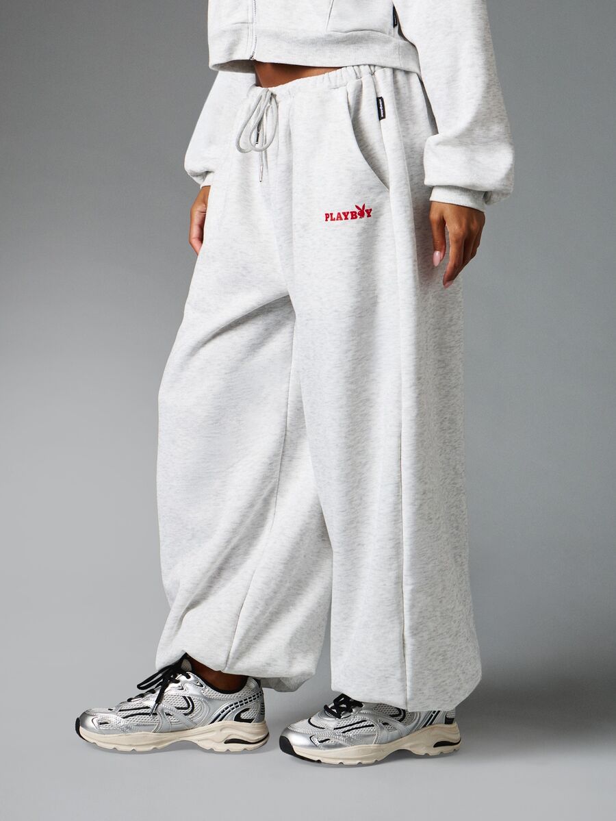 Missguided x Playboy Oversized Bunny Logo Embroidered Wide Leg Sweatpants With Drawstring Waist And Side Pockets Cozy Fleece Jogger Style - Grey - View 1