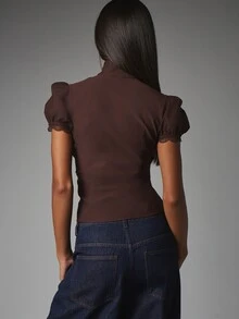 MISSGUIDED Puff Short Sleeve High Neck Zip-Up Blouse With Lace Trim Detail Front Zipper Slim Fit Feminine Top Fall Winter - Chocolate Brown - View 4