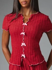 MISSGUIDED Ribbed Knit Co-Ord Set Short Sleeve Notch Neck Button Down Top And Mini Shorts With Bow Trim And Lettuce Edge Detail - Red - View 5