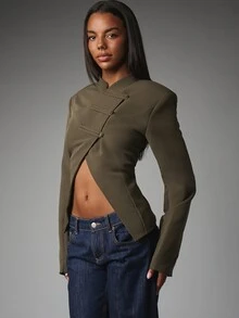 MISSGUIDED Cropped Military Jacket With Stand Collar Asymmetric Wrap Front Tab Button Closures Structured Shoulders Flared Cuffs Fall Winter Outerwear - Army Green - View 5