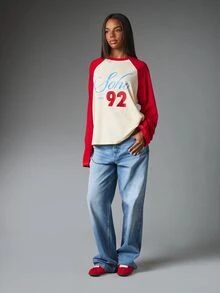 MISSGUIDED Áo thun bóng chày tay dài raglan Soho New York 92 họa tiết, cổ tròn, phối màu, dáng rộng, phong cách thường ngày cho mùa thu đông - Đỏ và trắng - Xem 3