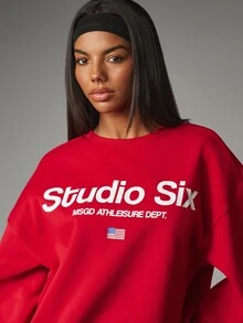 MISSGUIDED Six Athleisure Oversized Crew Neck Sweatshirt With Large Front Logo Print Long Sleeve Pullover - Red - View 3