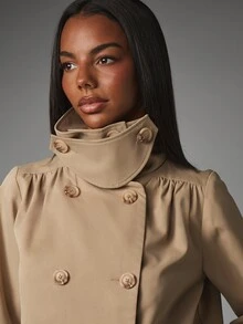 MISSGUIDED Cropped Double-Breasted Jacket With High Stand Collar Gathered Back Puff Sleeves And Button Closure Fall Winter Outerwear - Khaki - View 2