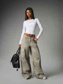 MISSGUIDED Square Neck Fitted Crop Long Sleeve Top With Button Detail Henley Style Semi Sheer Knit Tee Spring Summer Essential - White - View 2