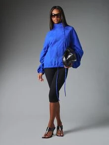 MISSGUIDED Oversized Windbreaker Jacket With Stand Collar Button Front Closure Balloon Sleeves Ruched Drawstring Hem Perfect For Spring Transitional Layering - Blue - View 3