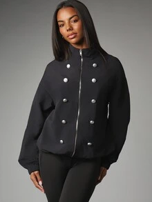 MISSGUIDED Oversized Military Style Zip-Up Jacket With Silver Button Detail Stand Collar And Elasticated Cuffs Fall Winter Outerwear - Black - View 1