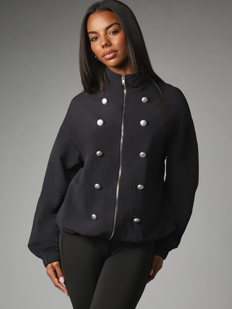 MISSGUIDED Oversized Military Style Zip-Up Jacket With Silver Button Detail Stand Collar And Elasticated Cuffs Fall Winter Outerwear - Black - View 1