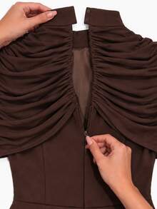 Zerodot Women Solid Dark Brown Mesh Draped Mock Neck Wide Leg Jumpsuit Casual Daily Fall Pre Fall - Coffee Brown - View 8