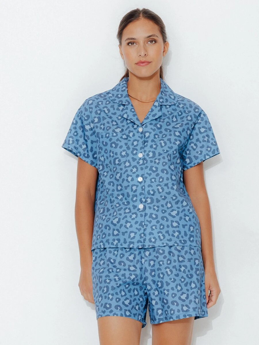 Pimkie Edition Women's Leopard Print Short Sleeve Top And Shorts Casual Daily Loungewear Set - Blue - View 1