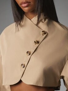 MISSGUIDED Cropped Oversized Blazer Jacket With Stand Collar And Statement Horn Buttons Asymmetric Wrap Front Balloon Sleeves Fall Winter Outerwear - Khaki - View 2