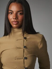MISSGUIDED Cropped Military Jacket With Stand Collar Long Sleeves And Frog Button Closure Fall Winter Tailored Outerwear - Khaki - View 5