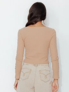 Pimkie Edition Áo kiểu Hàn Quốc nữ dáng ngắn tay dài cài nút cho du lịch - màu nâu - Xem 2