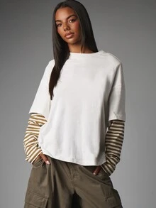 MISSGUIDED Kaos lengan panjang longgar model boxy dengan detail garis-garis kontras pada lengan, tampilan berlapis, atasan kasual. - MultiWarna - View 5