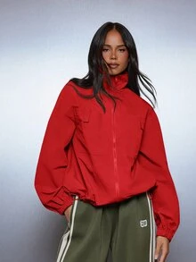 MISSGUIDED Oversized Zip-Up Track Jacket With High Neck Chest Patch Pockets And Elasticated Cuffs Casual Utility Style - Red - View 4