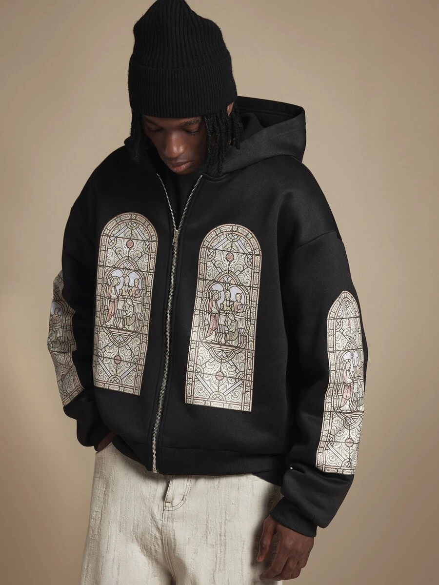 SUMWON Club Oversized Full-Zip Hoodie With Stained Glass Cathedral Window Graphic Print And Script Logo Detail - Black - View 1
