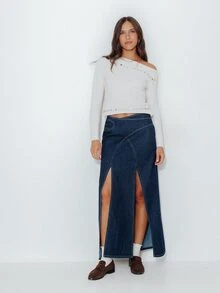 Pimkie Edition 2639DENIMLONGSKIRT Women's Slit Skirt - Dark Wash - View 5