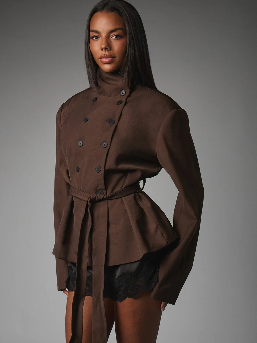 MISSGUIDED Double Breasted Belted Blazer Jacket With Stand Collar Long Sleeves Structured Shoulders Fall Winter Outerwear - Coffee Brown - View 1