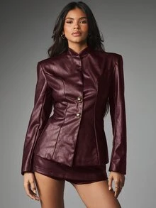 MISSGUIDED Faux Leather Mini Skort With Skirt Overlay Sleek Low Rise Hot Pants For Party Night Out Holiday Season - Burgundy - View 4