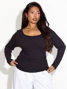 FASHION SZN Plus Size Casual Ribbed Long Sleeve Top Fall Autumn Winter New Season Essentials Layering Staple Scoop Neck Black Basic Top Plus Size Top For Women Y2K College Back To School University Campus Soft Rib Weekend Brunch Lunch Pilates Gym - Black - View 5