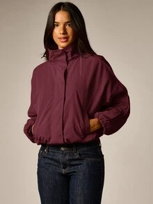 AiiRZ Mock Neck Zip-Up Cropped Windbreaker Jacket With Elastic Cuffs And Relaxed Oversized Silhouette For Fall Autumn Layering - Burgundy - View 5