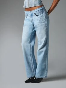 MISSGUIDED Low Rise Wide Leg Jeans With Button Waistband Detail And V-Shape Waist Full Length Denim Pants Summer Festival Style - Light Wash - View 1