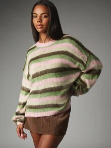 MISSGUIDED Oversized Striped Crew Neck Sweater Knit Pullover With Long Sleeves Cozy Fall Winter Holiday Knitwear - Multicolor - View 1