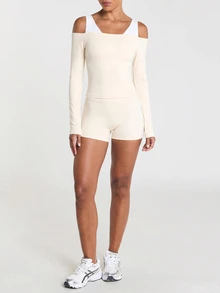 11SKNDS Cold Shoulder Long Sleeve Crop Top With Square Neckline And Twisted Hem Detail - Soft Stretch Everyday Layering Essential - Apricot - View 4