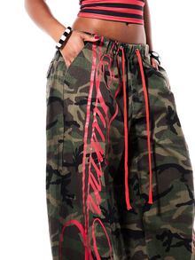 SUMWON Wide Leg Camouflage Cargo Pants With Red Abstract Graffiti Print Drawstring Waist Elastic Ankle Tie Detail Full Length - Multicolor - View 7