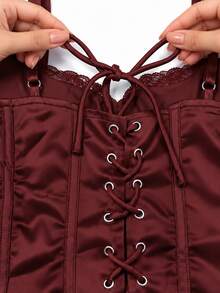 Zerodot Women Burgundy Lace Trim Cowl Neck Satin Corset Top With Tie-Up Back Party Going Out Fall Pre Fall - Burgundy - View 8
