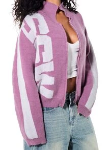 SUMWON Cardigan de punto corto con cremallera y estampado de logo en intarsia, cuello alto, manga larga, talla grande, suéter esencial para capas en otoño e invierno - Morado - Ver 4
