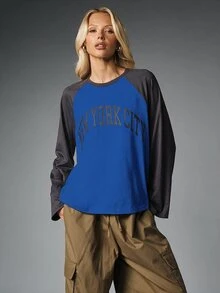 MISSGUIDED New York City Graphic Raglan Long Sleeve Top Oversized Color Block Baseball Tee With Collegiate Arch Letter Print - Royal Blue - View 4