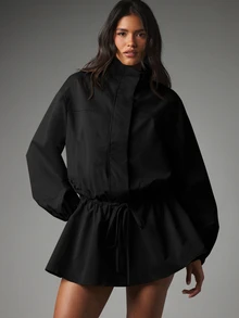 MISSGUIDED Mock Neck Balloon Sleeve Mini Romper With Drawstring Waist And Elasticated Cuffs - Oversized Playsuit For Fall Winter - Black - View 6