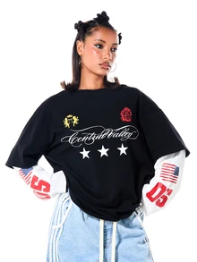 SUMWON Oversized Crew Neck Short Sleeve Graphic Tee With Central Valley Script Stars And Sheild Chest Print Street Style Top - Black and White - View 1