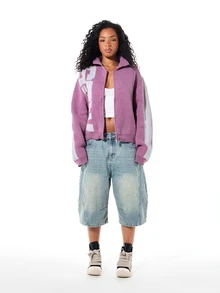 SUMWON Cardigan de punto corto con cremallera y estampado de logo en intarsia, cuello alto, manga larga, talla grande, suéter esencial para capas en otoño e invierno - Morado - Ver 5